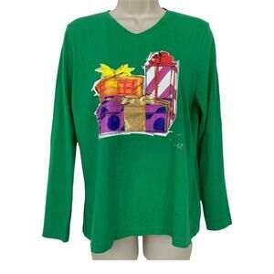 Christmas Top Womens PL Liz Claiborne Large Petite LP Green Long Sleeve T-Shirt